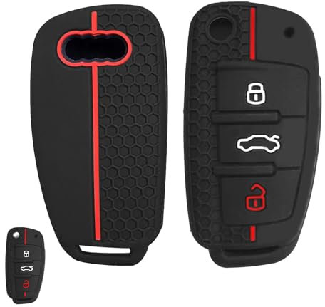 Huybaa Coque de Protection en Silicone pour Clé Audi - Étui Noir à 3 Boutons Compatible avec Audi A1, A3, A4, A6, Q3, Q5 (Noir avec Ligne Rouge)
