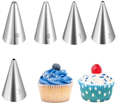 5 Stück Professionelle Lochtülle Rund Spritztüllen zum Zeichnen Schreiben Spritzgebäck Spritzspitzen Krapfen für Cupcakes Torten Brandteig Dekoration kompatibel mit Spritzbeutel