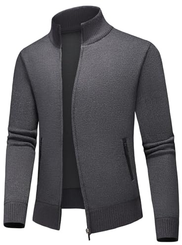 KUDMOL Cardigan Gilet Homme Zippé pour Hiver Chaud Col Montant Pull Veste en Maille Chandail Chaud Slim Fit Épais Tricot Polaire(Gris foncé,L)
