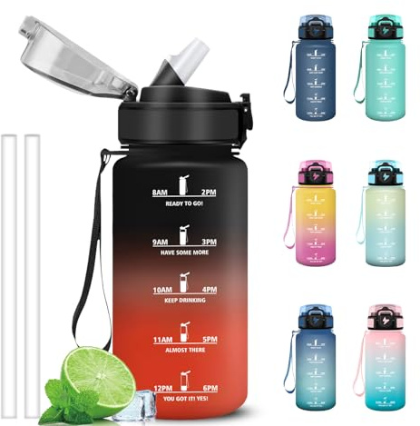 Grsta Gourde 500ml, Gourde Enfant avec Marqueur de Temps, Verrou de Sécurité, Anti Fuite Bouteille Motivationnelle, Facile à Nettoyer, Gourdes avec Paille pour Randonnée, Velo, Gym