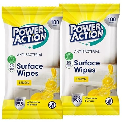 Power Action Surface Wipes, 2 pack Lemon Scent, each contains 100 wipes, Biodegradable, Kills 99.9% of Viruses