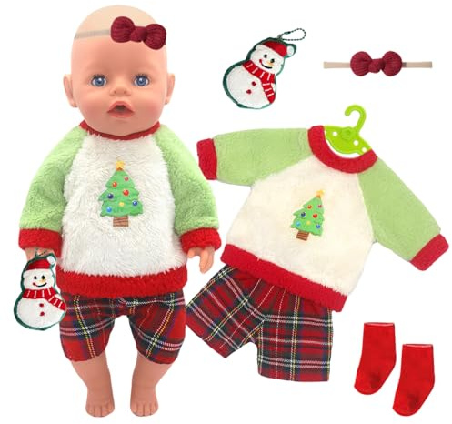 5 Stück Kleidung Outfits für 14-18 Zoll Baby Puppen, 30-43cm Baby Puppenkleidung Outfits 1 Weihnachts Fleecepullover 1 Hose 1 Schneemann Ornament 1 Haarband 1 Socken Mädchen