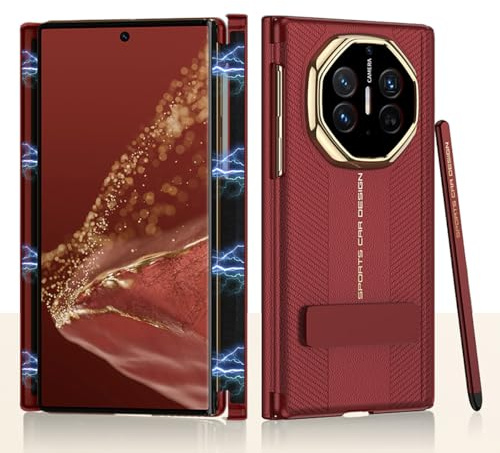 Coque Hülle für Mate XT, 3-Fach magnetische Lederhülle mit Displayschutzfolie vorne + Halterung, Handyhülle mit Eingabestift für Huawei Mate XT-Rot