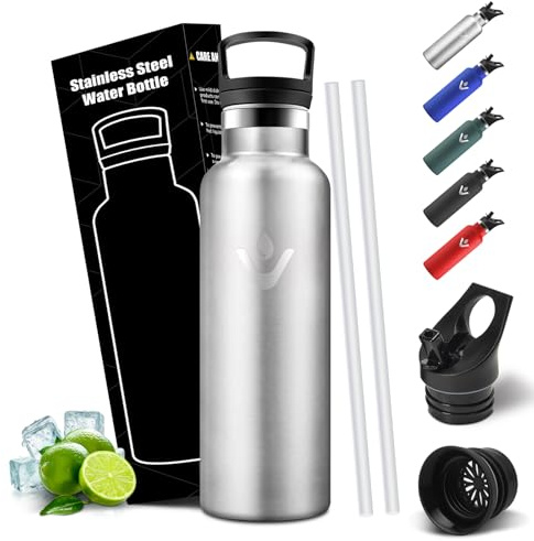 Mulbijeo Trinkflasche 750ML, Auslaufsichere Isolierflasche Doppelwandig, Thermosflasche, BPA-Frei, Flasche mit Strohhalm, 18/8 Edelstahl, Wasserflasche Kohlensäure Geeignet