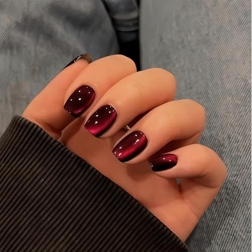 Zosutetoxo 30 Pieces Cat Eye Press On Nails Short Square Shape Dark Red Glitter Black Chrome Effect Soft Gel Nails Reusable Artificial Nails