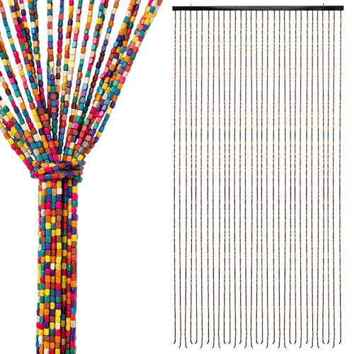 Rideau de porte en perles de bois avec 31 brins 180 x 90 cm - Multicolore - Rideau de perles rétro au design bohème chic - Rideau de perles en bois - Rideau anti-mouches - Séparateur de pièce