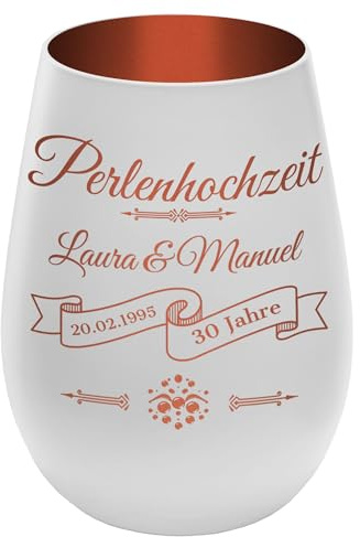 Personalisiertes Windlicht für 30. Hochzeitstag Weiß/Kupfer mit graviertem Motiv 'Perlenhochzeit' – mit Namen & Datum – Geschenk, Tischdeko, Teelichthalter, Kerzenhalter