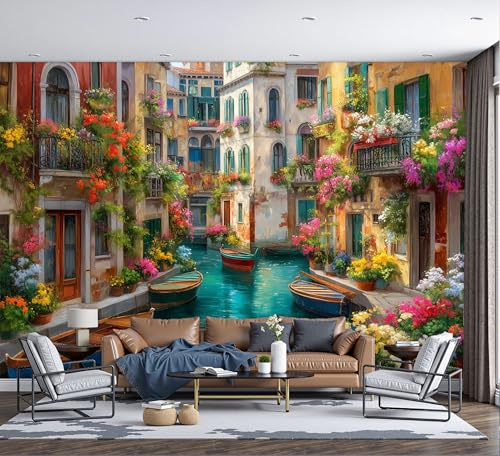 DACRWEKZ Jaune Bleu Papier Peint, Style de peinture à l'huile impressionniste Les canaux de Venise Tableaux Photo Muraux Utilisé - Pour Salon Chambre Chambre D'Enfant 200x140cm