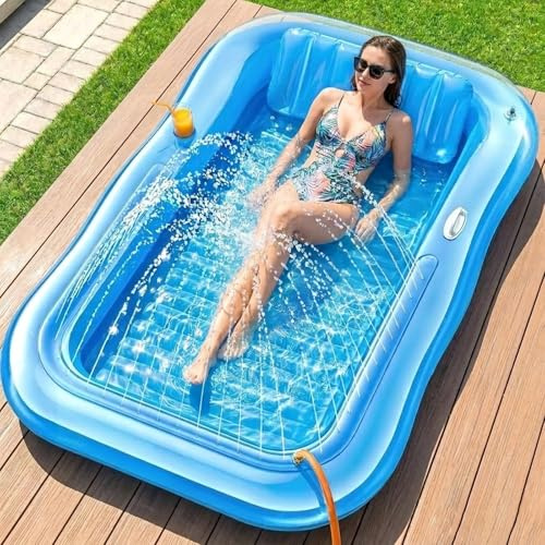 SEDEX Aufblasbarer Sonnenliege Pool mit Sprinkler, 195x125cm Tanning Pool für Erwachsene, Luftmatratze Wasserliege mit Kopfstütze, Garten Pool Lounge für Sommer Strand Camping
