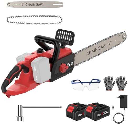Akku Kettensäge 42V(2x21V), 16 Zol Elektro-Kettensäge mit 2x4000mAh Batterie, 40cm Schwertlänge, Automatische Schmierung Bürstenlose Kettensäge für Brennholz & Baum