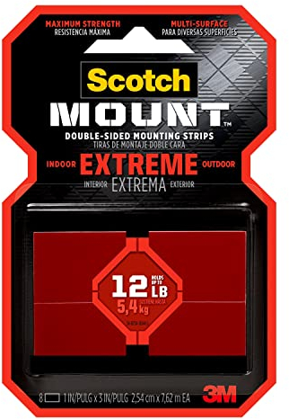 Scotch Extreme Tiras de montaje, cinta resistente de doble cara, 8 tiras, 1 x 3 pulgadas, uso en lugar de clavos o tornillos, funciona en superficies pintadas, metales, acrílico, plásticos duros y más