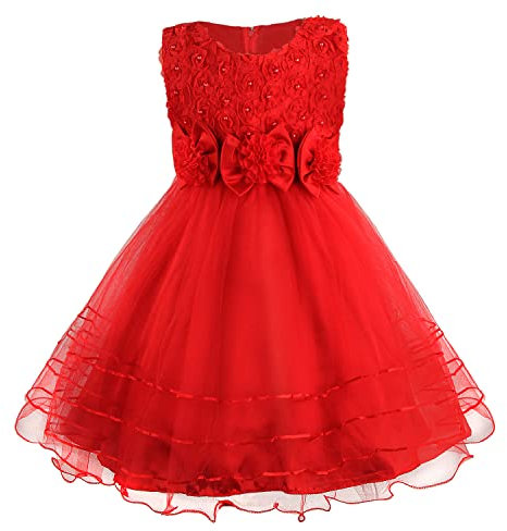 Discoball Girls Princess Dress Rose Flower Bow Tie Party Dresses Tulle Wedding Dresses Bridesmaid Christening Elegant Formal Dress for Girls(Red)
