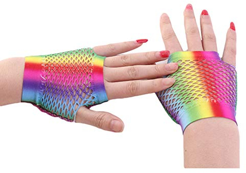 MoreChioce 6 Paar Netz Armstulpen,Damen Kurz Netz Handschuhe Fingerlose Netzhandschuhe Regenbogen Handstulpen 80er Jahre Punk