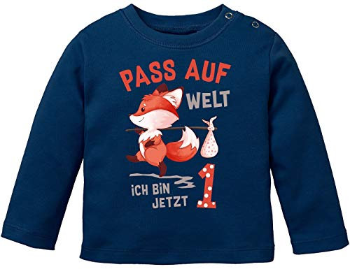 MoonWorks® Baby Langarm-Shirt 1. Geburtstag Pass auf Welt ich Bin jetzt 1 2 Fuchs Geburtstagsshirt Bio-Baumwolle 1 Navy 92/98 (16-24-Monate)