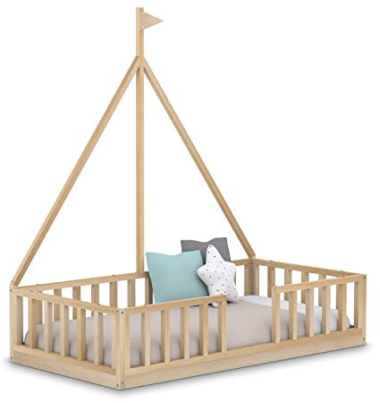Cama Infantil Barco Tipo Montessori, con Somier y Barrera Barandilla, en Madera Natural, 90 x190 cm