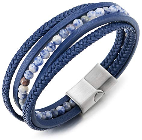 COOLSTEELANDBEYOND Multi-Strang Armband Dunkelblau Edelsteine Wulst Kette Geflochtene Leder Schweißband Edelstahl Magnetverschluss