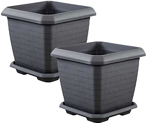 Maceta Cuadrada 37x37cm, 26 litros Set 2 Unidades, Maceta con Plato (Antracita)