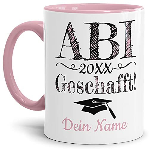 Tasse mit Spruch - Abschluss geschafft Abitur - zum selbst Gestalten mit Wunschname und Abschlussjahr - Geschenk für den Abiabschluss, Henkel & Innen Rosa 300 ml | Personalisiert