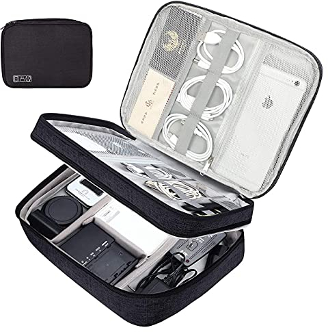 Elektronische Organizer Tasche , Universal Carry Travel Gadget Bag, Double Layer Electronics Accessories Organizer Case für Kabel, Ladegerät, Adapter, Maus,Handy Ladekabel,Schwarz