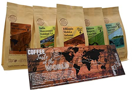 Classic Caffee - Premium Kaffee Weltreise Probierset 5x200g Kaffee-Geschenkset aus aller Welt - Kaffee Weihnachtsgeschenk - 100% Arabica (Gemahlen)