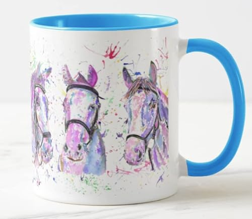 Vixar Horse x 3 in Pink Farm Animal Watercolour Art Coloured Mug Cup Gift Birthday Work Office Christmas Tea Coffee (L Blue)