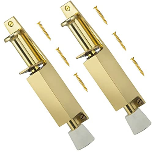 TERF® Heavy Duty Kick Down Door Lock Stopper Holder Spring Loaded Adjustable Doorstop Polished Brass Foot Spring Loaded Door Retainer with Extra-Strong Including Fixing Screw - Pack of 2