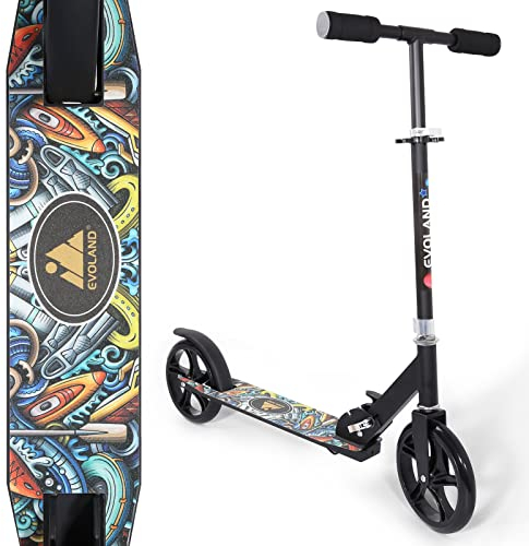 EVOLAND Roller Kinder Scooter, Wheel Scooter, Faltbarer Kinderroller für Kinder ab 5 Jahren, höhenverstellbar, Graffiti-Muster bis zu 100 kg