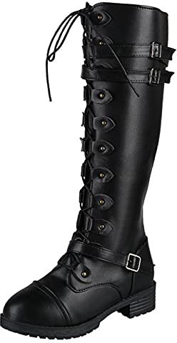 Anfibi Vernice Stivali da Donna con Fibbia in Pizzo con Cerniera Scarpe Decor Stivali da Donna con Punta Quadrata Stivali Gommati