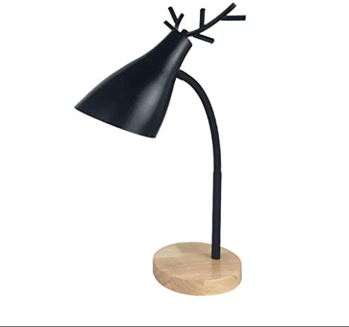 SXYSXYSXY Modern Holz Schreibtischlampe Nordic Geweih Metall Kinder Leselampe Büro Klassische Studierlampe LED Verstellbarer Kopf Tischlampe Arbeitslampe Schlafzimmer Nachttischlampe E27,Schwarz