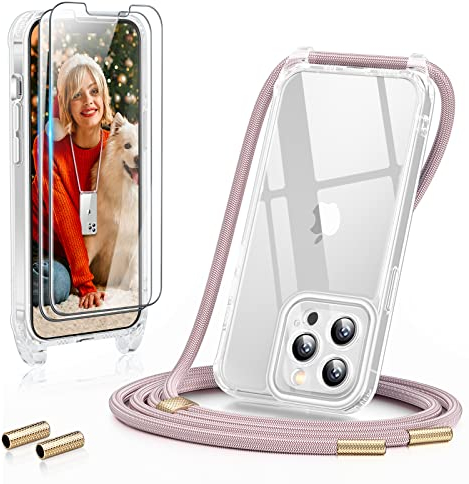 GOODVISH Cover Trasparente con Cordino per iPhone 13 Pro Max 6.7'', con 2 Pellicola Vetro Temperato, Custodia con Regolabile Laccio Tracolla, [Antiurto] [AntiGraffio] Case con Collana, Oro Rosa