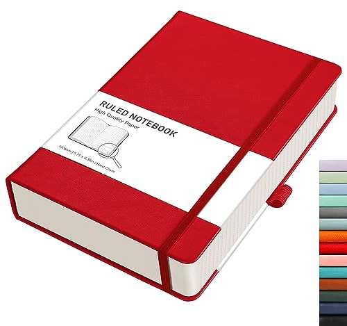 RETTACY Notizbuch A5 liniert - Dickes Tagebuch mit 320 nummerierten Seiten, 1 Rücktasche und hochwertigem Hardcover für Frauen und Männer im Büro oder in der Schule, 14,5 x 21 cm - Rot