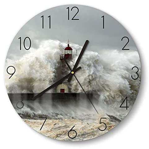DEQORI Glasuhr | rund Ø 30 cm | Motiv Leuchtturm bei Sturmflut | ausgefallene leise Design Uhr aus Glas | Wanduhr für Wohnzimmer & Küche | Moderne Hingucker Uhr für die Wand