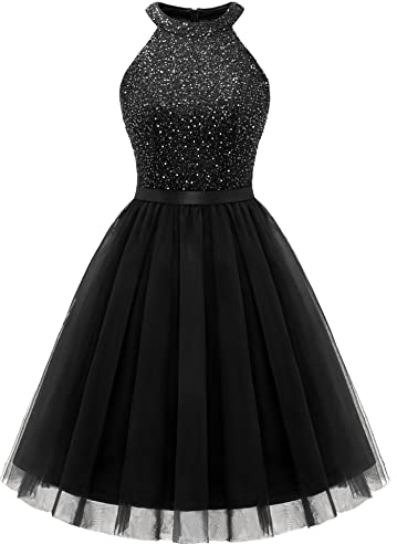 Dressystar Damen Ärmellos Cocktailkleid Kurz Elegant Pailletten Tüll Party Kleid Schwarz M