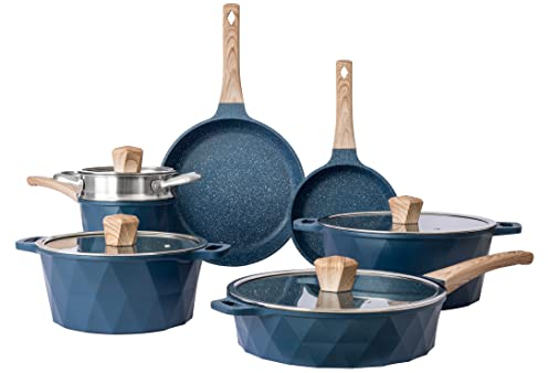 Country Kitchen Non-Stick Cast Aluminum Cookware Set - Durable Kitchen Cookware for Everyday Cooking, Navy Diamond, 11 Pc.
