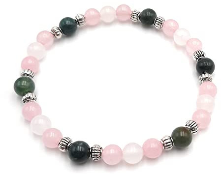Bracelet Règles Douloureuses Pierre de lune, Quartz rose et Agate mousse en Pierres Naturelles | Taille personnalisée de 12 à 22 cm | Fille - Femme | Perles rondes 6 mm | Création Artisanale Française