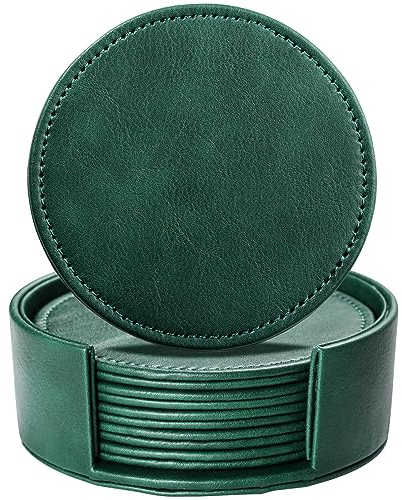 LAMOTI Leder-Untersetzer für Getränke, 10,2 cm, Getränkeuntersetzer, 6 Stück, mit Halterung für Tischschutz, handgefertigt, luxuriöse Heimdekoration und Einweihungsgeschenk (grün)