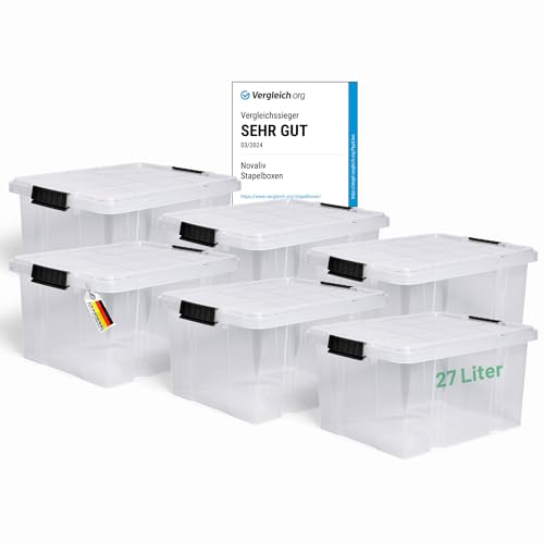 Novaliv 6x Aufbewahrungsboxen mit Deckel 27L transparente Nestbar stapelbare Storage boxes mit Clipverschluss Kunststoffbox BPA-frei 46,5x36,5x24 cm
