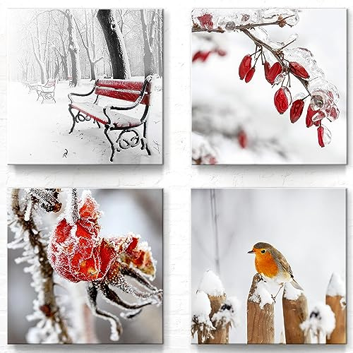 Wand-Bilder Leinwand, 4er Set A - 50x50cm je Motiv. Schöne Deko Bilder mit Winter Motiven für Wohnzimmer, Esszimmer, Flur. Moderner Kunstdruck auf Leinwand. Aufhängefertig