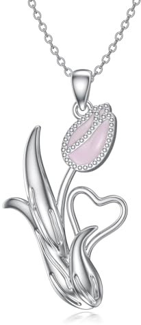 YFN Collar Tulipán Rosa Plata Cuarzo Tulipán Colgante Collar Tulipán Joyería para Mujeres Hombres Tulipán Regalo para la Madre Abuela
