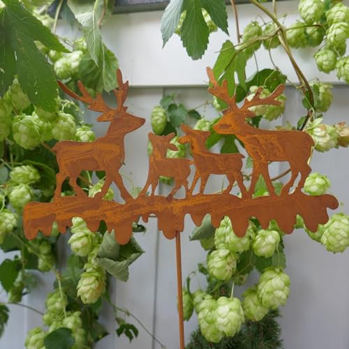 Posiwio Beetstecker Hirschfamilie in Edelrost mit 51cm langem Stab Gartenstecker Waldtiere Hirsch
