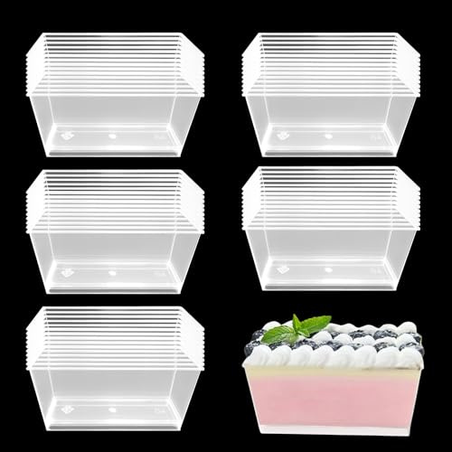 HOMURY Gobelets en Plastique Rectangulaires pour Dessert - 50 Pièces, 140 ml, Boîte Cadeau Réutilisable pour Pudding et Mousse
