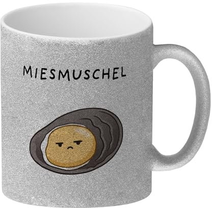 Jelly & Friends Muschel Glitzer-Kaffeebecher mit Spruch Miesmuschel Kawaii Tasse Squishy Auster Witziger Pechvogel-Miesepeter Spaßbecher