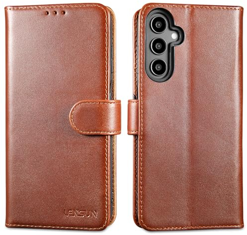 LENSUN Lederhülle für Samsung Galaxy A25 5G, Echtleder Hülle [Kartenfach][RFID Schutz][Echtes Leder] Handytasche [Klappbar] Handyhüllen - Dunkelbraun