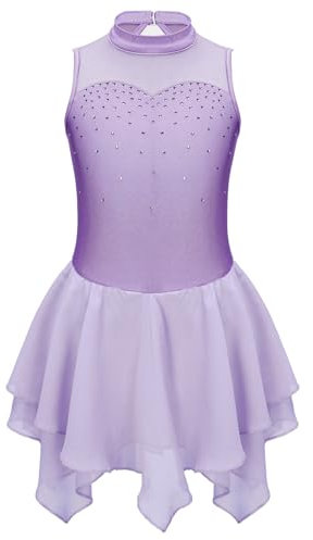 Kvysinly Kinder Mädchen Eiskunstlauf Kleid mit Strass Tanzkleid Glitzer Kürkleid Rollkunstlauf Balletkleid Tanz Training Wettbewerb Outfit Lavendel A 134-140