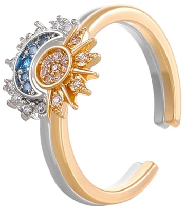 Reccisokz 2 Pièces Freundschaftsringe,Damen Ringe Silber Sonne Und Mond Mädchen Öffnen Einstellbare Stressabbau Diamantringe Analog Zirkonia Gold Ringe Geburtstag Jubiläum Hochzeitsgeschenke