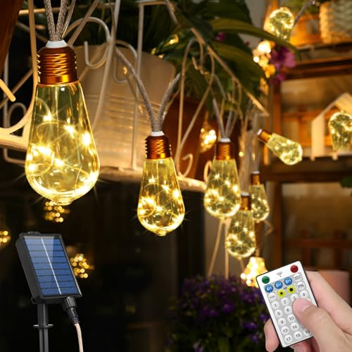 Solar Lichterkette Aussen mit 24 Glühbirnen,10M solarlichterkette außen wetterfest 19 Modi solar lichterkette outdoor Vintage Hanfseil lichterkette außen für Garten,Party,Hochzeit (Tropfenförmige)