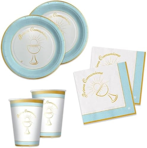 Kit Festa Coordinato Tavola Prima Comunione Azzurro Rosa Decorazioni Tavola (Azzurro) 8 piatti, 8 Bicchieri, 20 Tovaglioli