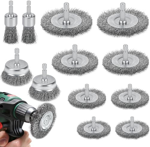 Brosse Métallique pour Perceuse, 12 Pièces Brosse Métallique pour 6 mm Perceuse Queue, Circulaire Visseuse Meuleuse pour L'Élimination de Rouille Peintur Corrosion