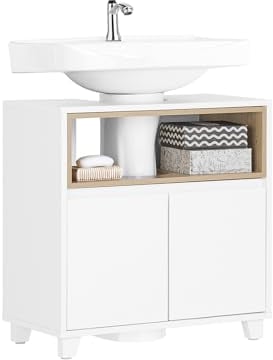 SoBuy Mueble Bajo Lavabo de Baño Estrecho con Puerta y 2 Estantes – Armario Auxiliar Baño Resistente a la Humedad, Diseño Blanco y Madera, 60x30x61 cm, BZR148-W
