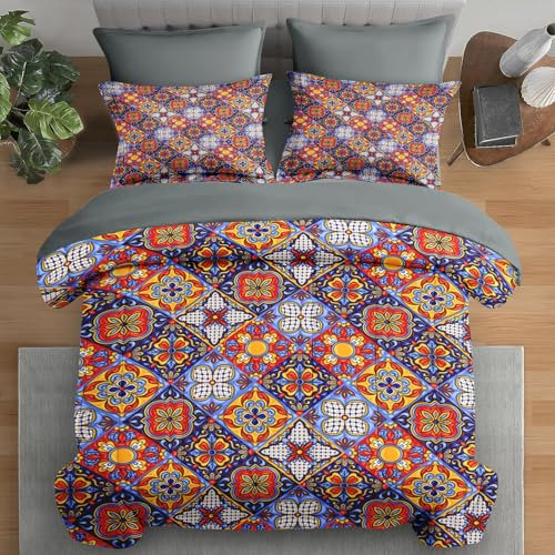 Pamnest Bettwäsche-Set für King-Size-Bett, mexikanische Talavera-Keramik, 7-teiliges Bettwäsche-Set für Kinder und Erwachsene, italienisches spanisches Bettlaken-Set mit Spannbetttuch, 2 Kissenbezügen
